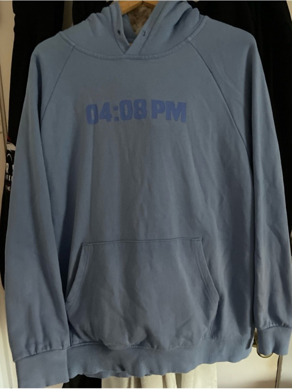 Light Blue Hooded Sweatshirt with 04:08 PM Graphic